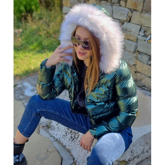Дамско пухено яке с качулка, City Angels Jeans, тъмнозелен лак, 6819